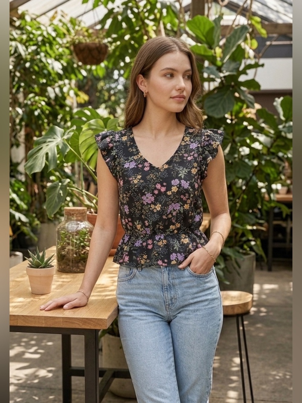 MILEY + MOLLY Black Ruffle Sleeve Peplum Top